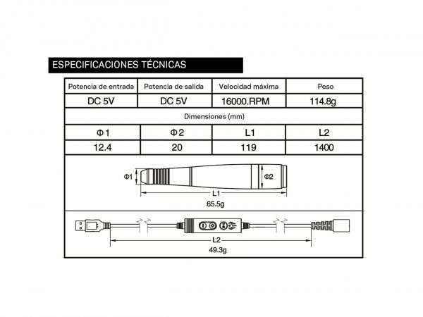MICROMOTOR PEN TECHNOFLUX MISTRAL 16.000 R.P.M. USB PORTATIL - Imagen 2